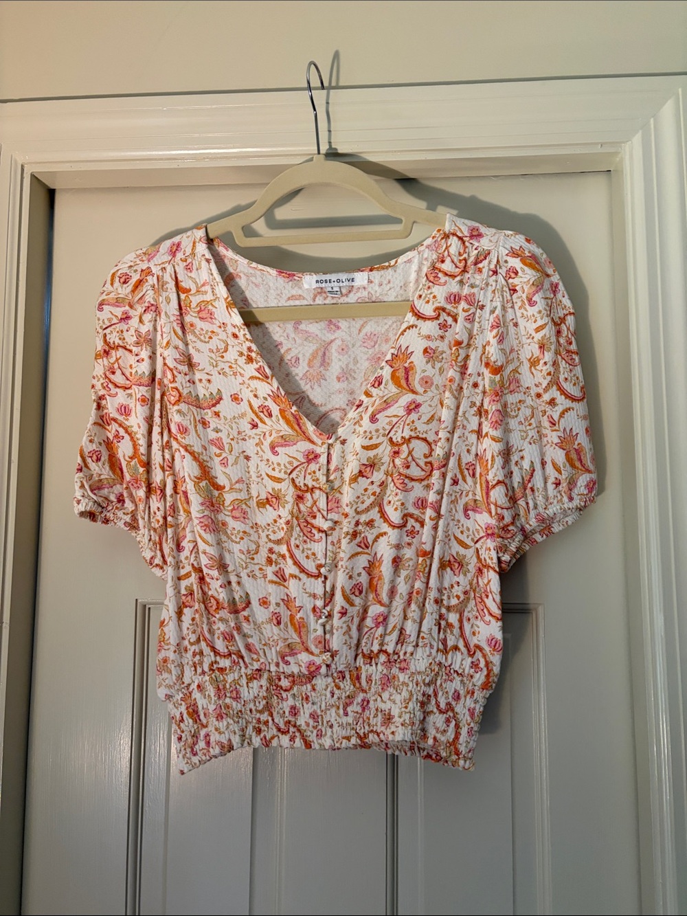Rose & Olive White V-Neck Crop Top with Pink & Orange Paisley